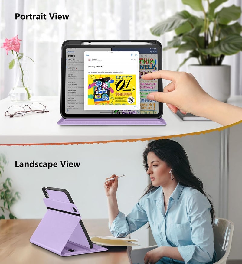 DTTO for iPad A16 Case, iPad 11th / 10th Generation Case (2025/2022), 360 Degree Rotating Premium Leather Folio Stand Cover with Pencil Holder, Lavender - Image 3